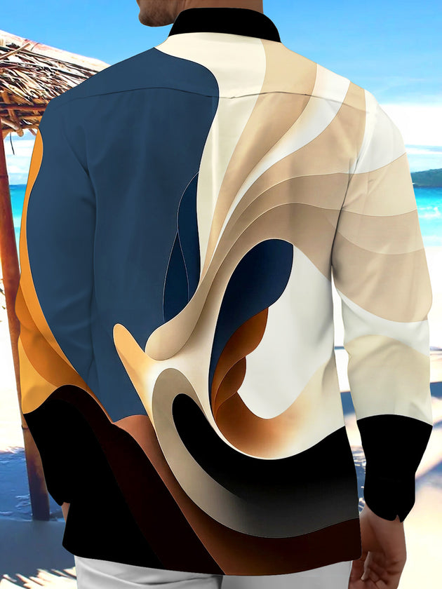 Adaychic Men's Printed Abstract Curved Shapes Print Long Sleeve Shirt with Chest Pocket