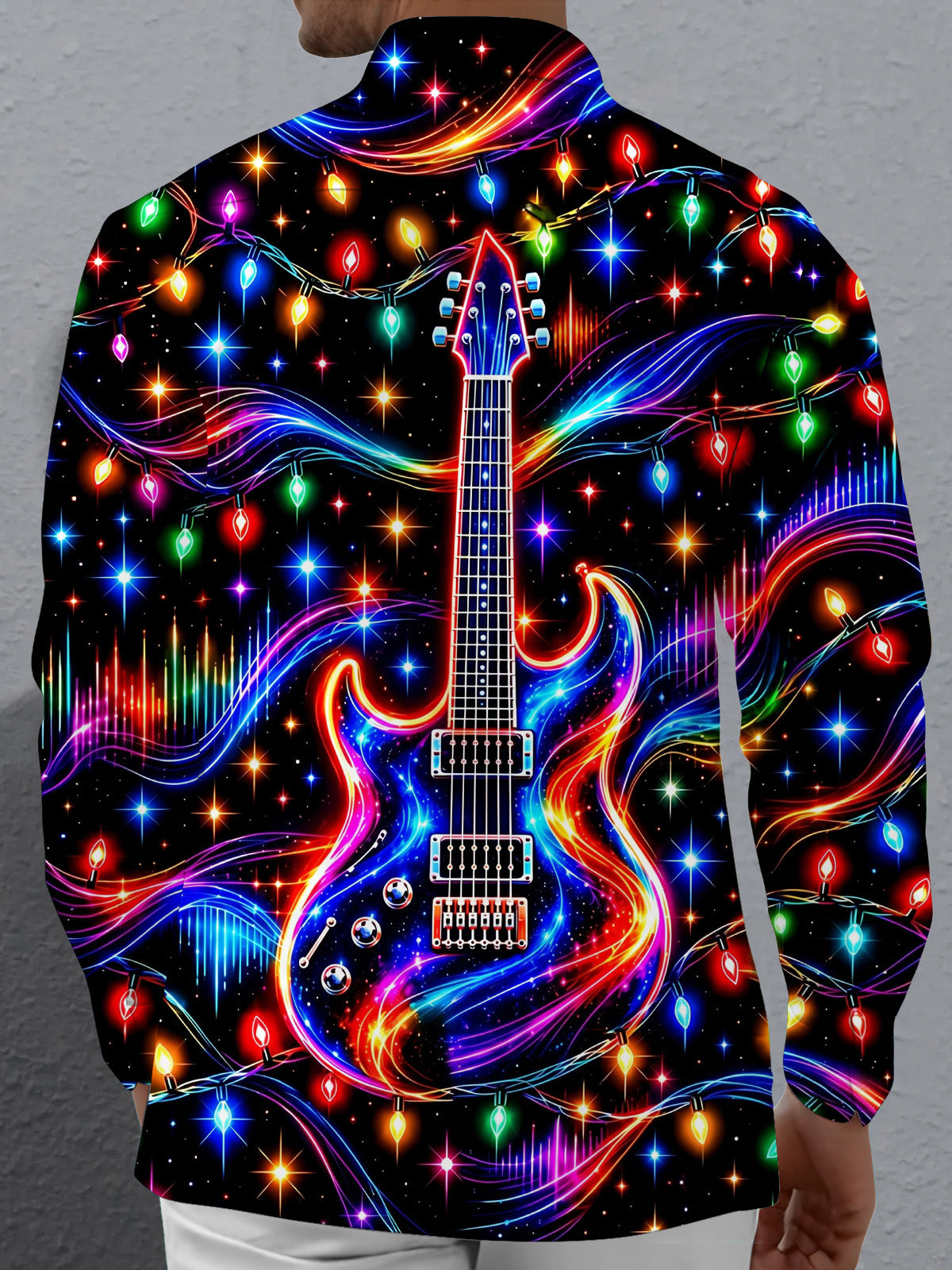 Adaychic Men's Long Sleeve Shirt - Neon Electric Guitar And Christmas Light Strings Print with Chest Pocket