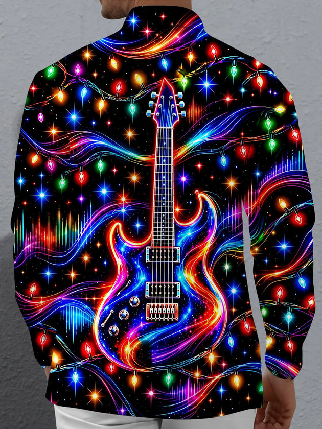 Adaychic Men's Long Sleeve Shirt - Neon Electric Guitar And Christmas Light Strings Print with Chest Pocket