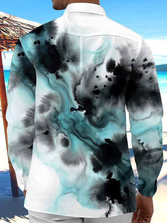 Adaychic Men's Tie Dye Abstract Ink Wash Print Long Sleeve Shirt with Chest Pocket