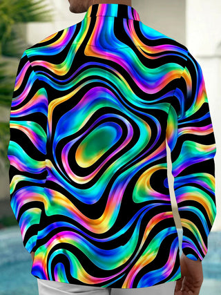 Adaychic Men's Printed Neon Abstract Wavy Lines Print Long Sleeve Shirt with Chest Pocket