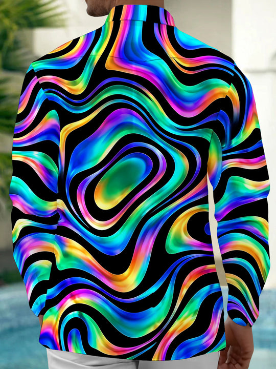 Adaychic Men's Printed Neon Abstract Wavy Lines Print Long Sleeve Shirt with Chest Pocket