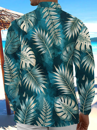 Adaychic Men's Hawaiian Tropical Leaf Print Long Sleeve Shirt with Chest Pocket