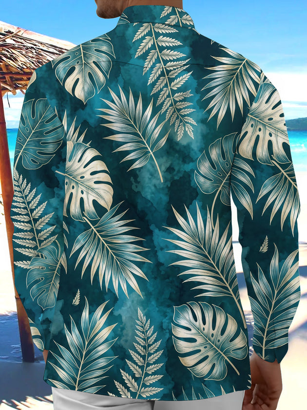 Adaychic Men's Hawaiian Tropical Leaf Print Long Sleeve Shirt with Chest Pocket