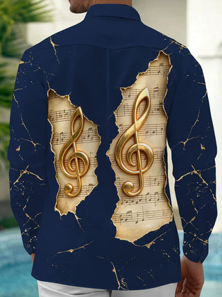 Adaychic Men's Long Sleeve Shirt - Vintage Sheet Music And Golden Treble Clefs Print with Chest Pocket