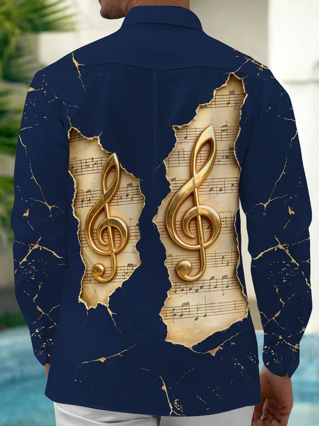 Adaychic Men's Long Sleeve Shirt - Vintage Sheet Music And Golden Treble Clefs Print with Chest Pocket