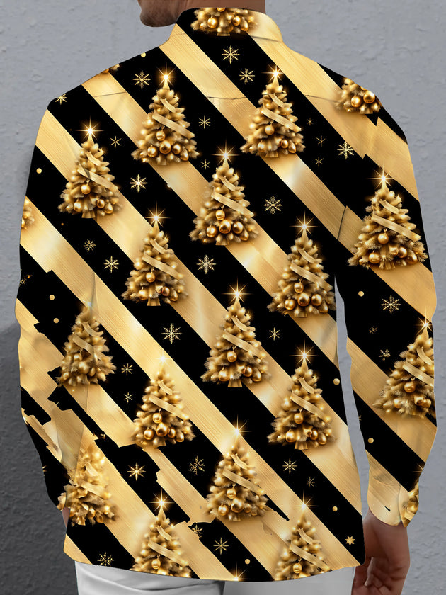 Adaychic Men's Long Sleeve Shirt - Gold Christmas Trees With Ornaments And Snowflakes Print with Chest Pocket