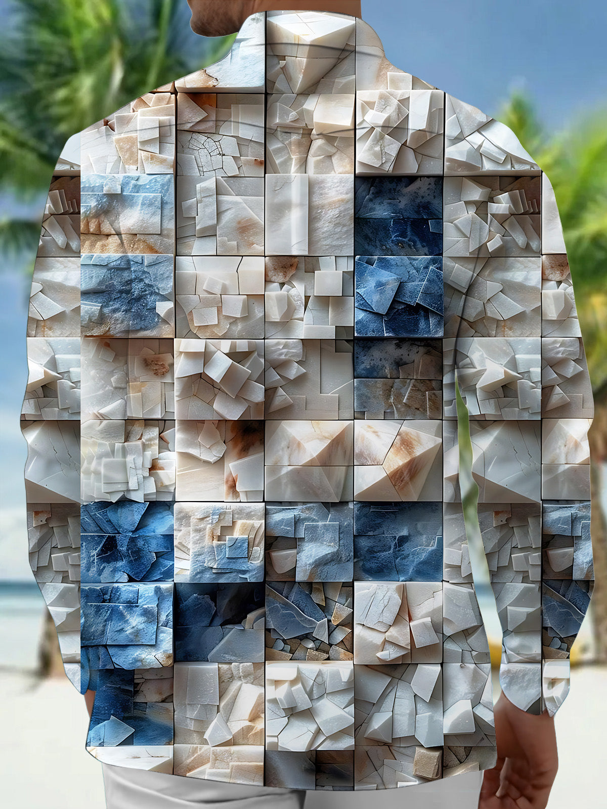 Adaychic Men's Patterned 3D Stone Blocks Print Long Sleeve Shirt with Chest Pocket