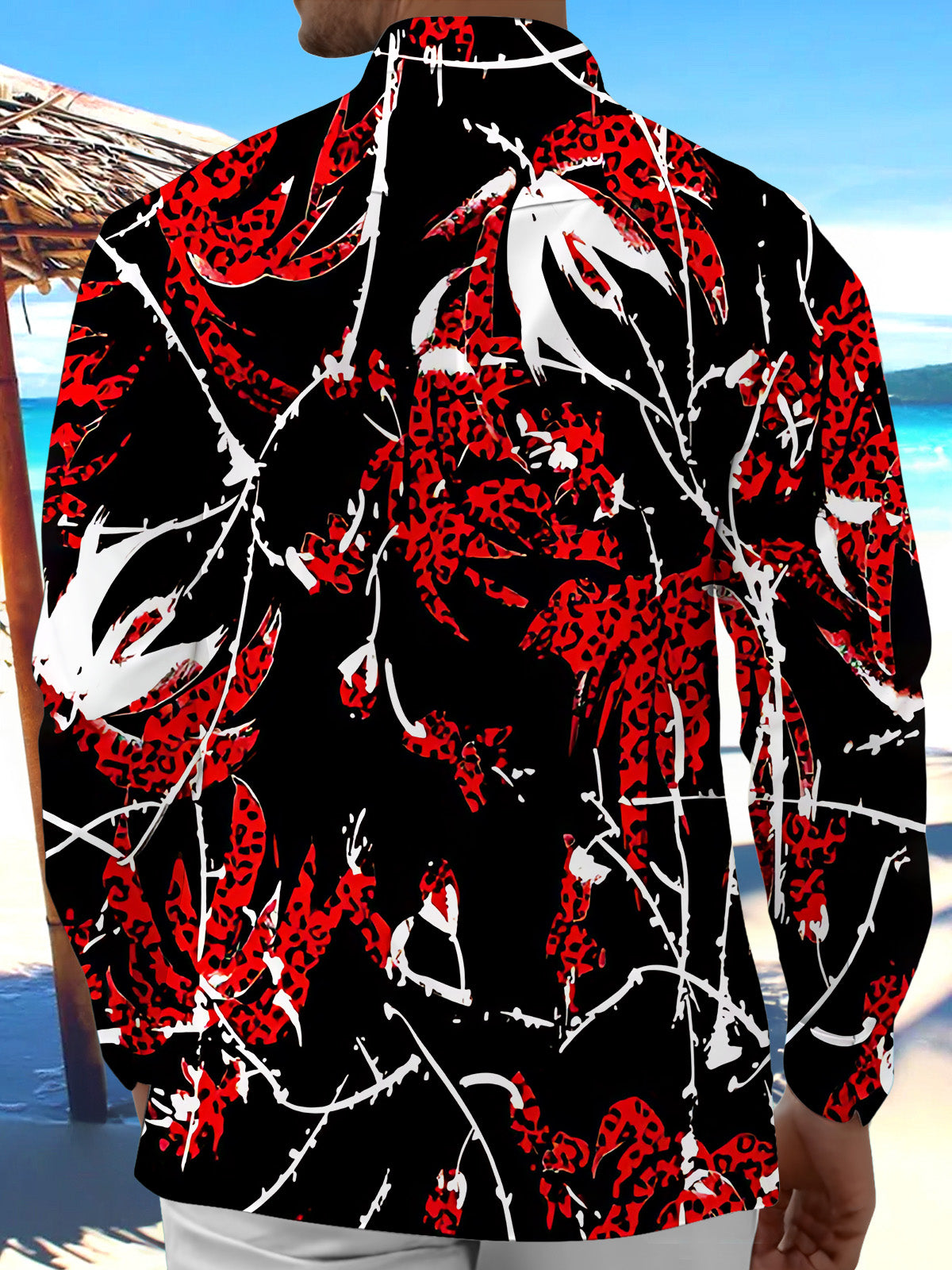 Adaychic Men's Hawaiian Leopard Print Leaves Long Sleeve Shirt with Chest Pocket