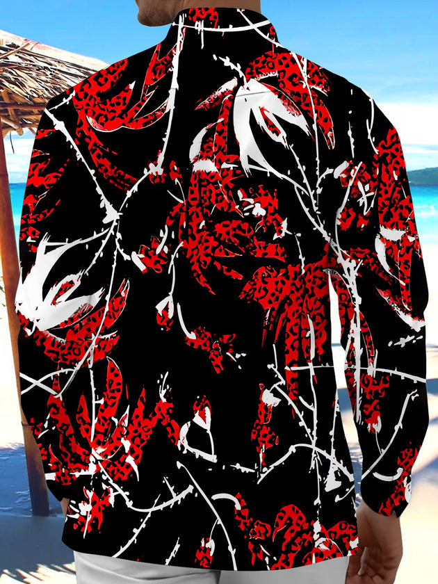 Adaychic Men's Hawaiian Leopard Print Leaves Long Sleeve Shirt with Chest Pocket