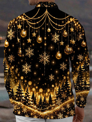Adaychic Men's Christmas Snowflakes And Ornaments Print Long Sleeve Shirt with Chest Pocket