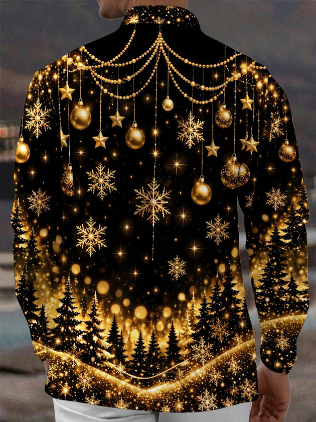Adaychic Men's Christmas Snowflakes And Ornaments Print Long Sleeve Shirt with Chest Pocket