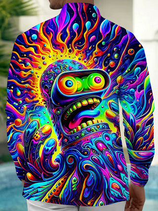 Adaychic Men's Graphic Abstract Psychedelic Skull Swirl Print Long Sleeve Button Down Shirt with Chest Pocket
