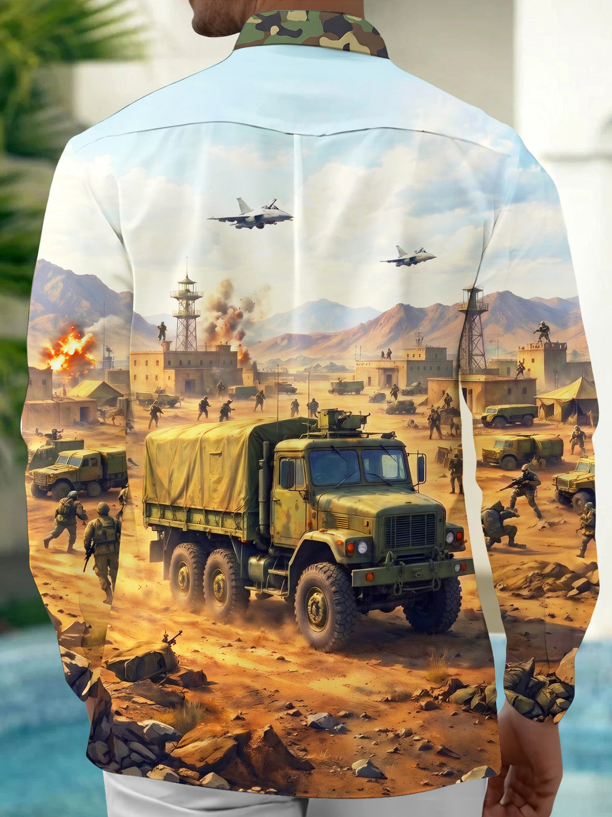 Adaychic Men's Long Sleeve Shirt - Desert Military Base Scene With Truck And Soldiers Print with Chest Pocket