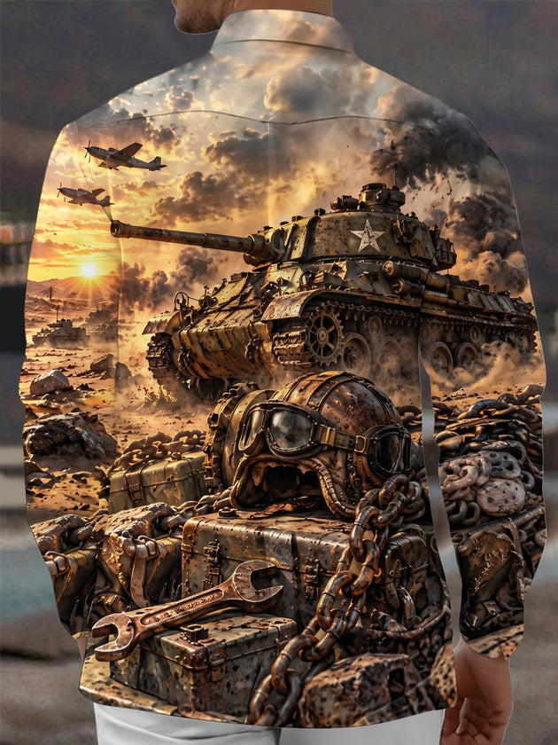 Adaychic Men's Graphic Military Tank And Aircraft Print Short Sleeve Shirt with Chest Pocket