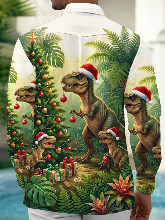 Adaychic Men's Hawaiian Dinosaur Christmas Tree Print Long Sleeve Shirt with Chest Pocket