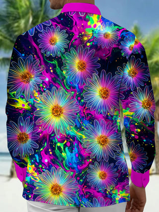 Adaychic Men's Hawaiian Neon Daisy Flowers Print Long Sleeve Shirt with Chest Pocket