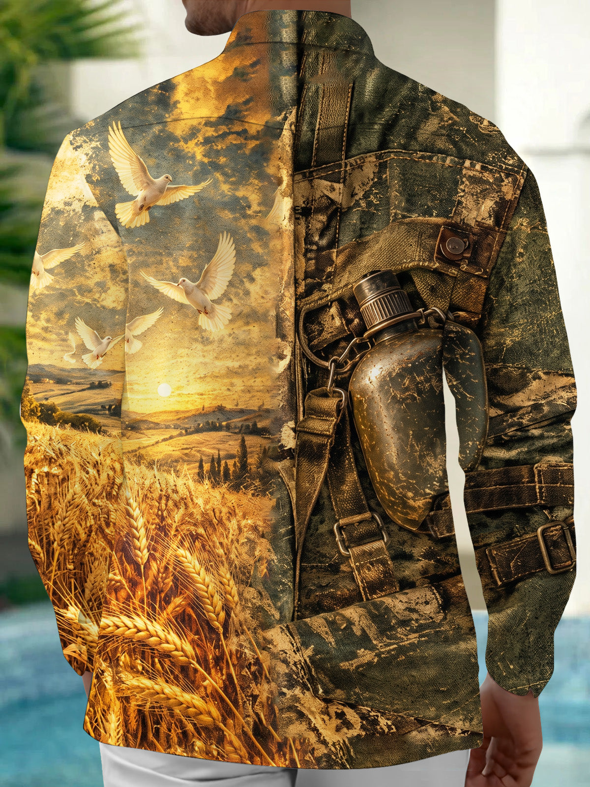 Adaychic Men's Long Sleeve Shirt - Vintage Canteen And Flying Doves Over Wheat Field Print with Chest Pocket