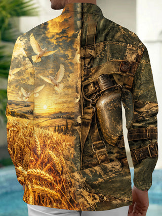Adaychic Men's Long Sleeve Shirt - Vintage Canteen And Flying Doves Over Wheat Field Print with Chest Pocket
