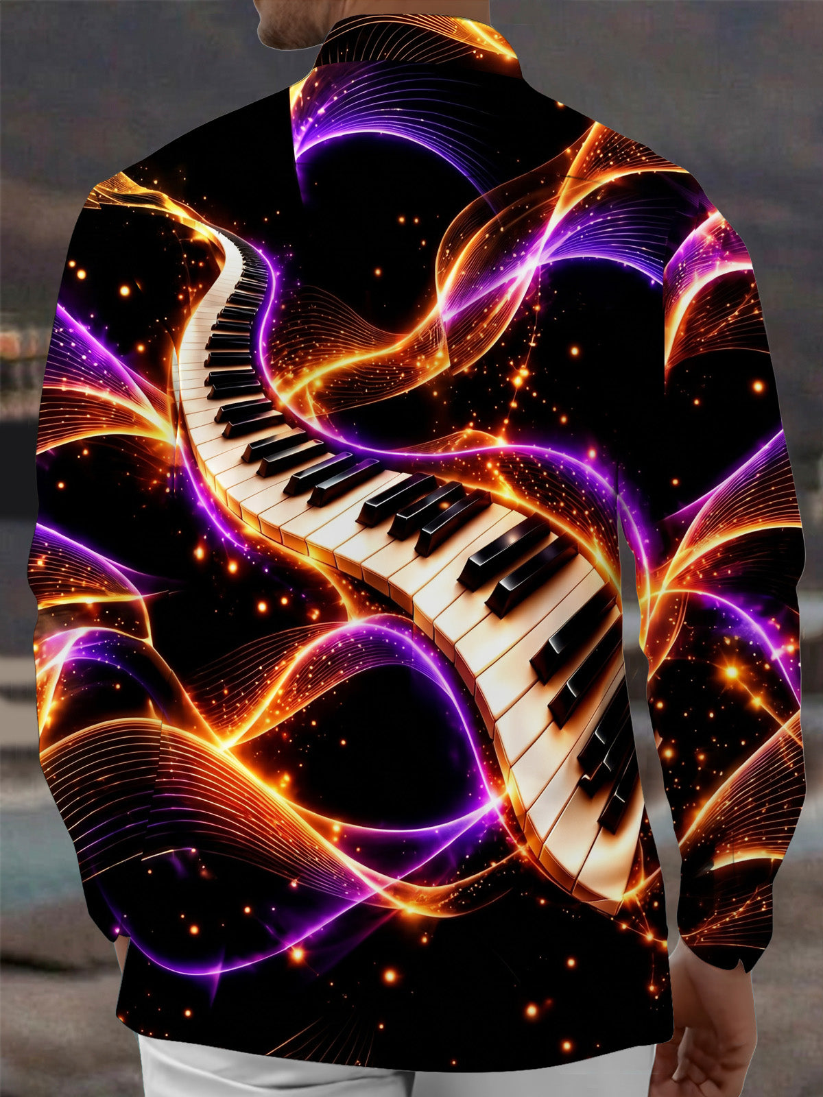 Adaychic Men's Abstract Piano Keys And Neon Light Waves Print Long Sleeve Shirt with Chest Pocket