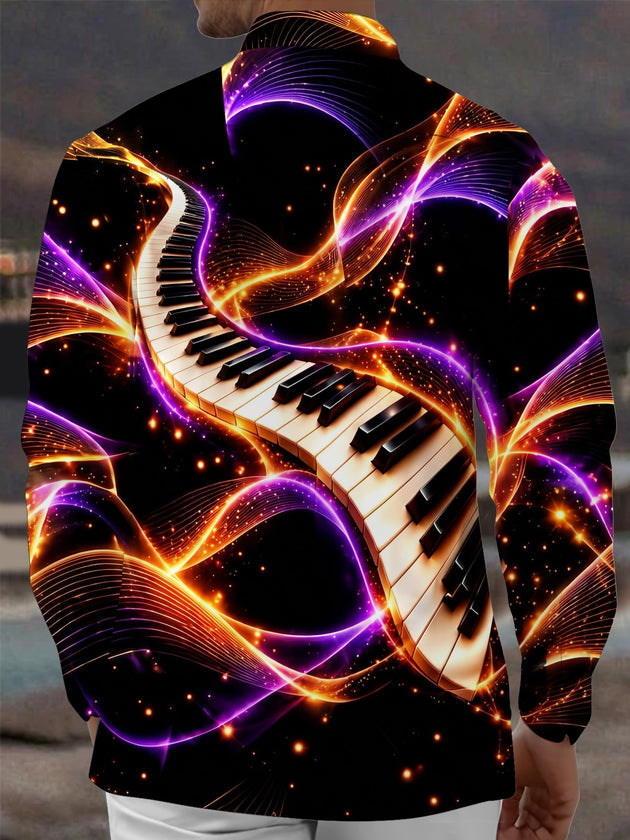 Adaychic Men's Abstract Piano Keys And Neon Light Waves Print Long Sleeve Shirt with Chest Pocket