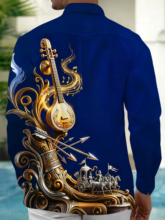 Adaychic Men's Vintage Style Golden Sitar Print Long Sleeve Shirt with Chest Pocket