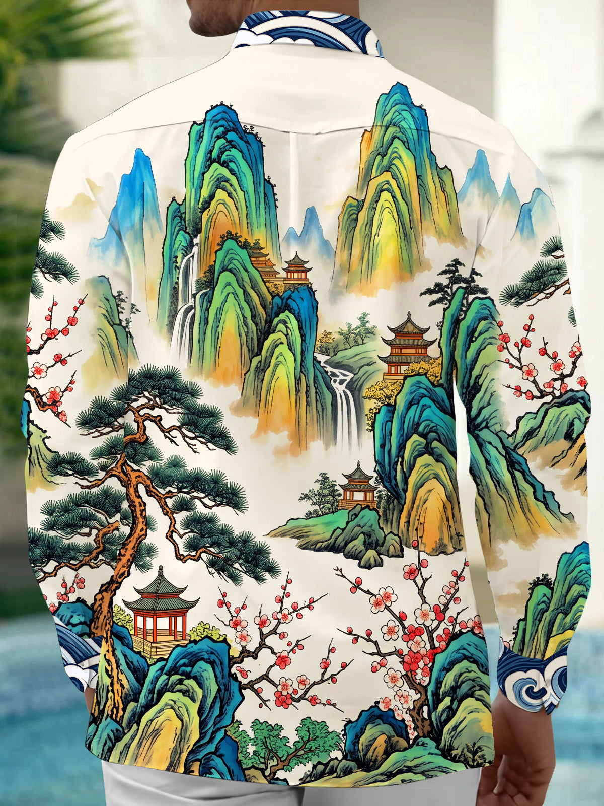Adaychic Men's Long Sleeve Shirt - Asian Landscape With Mountains And Waterfalls Print with Chest Pocket
