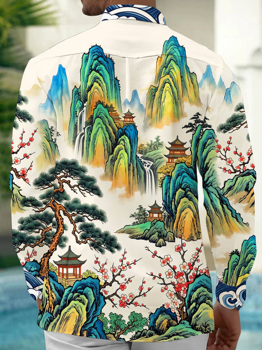 Adaychic Men's Long Sleeve Shirt - Asian Landscape With Mountains And Waterfalls Print with Chest Pocket