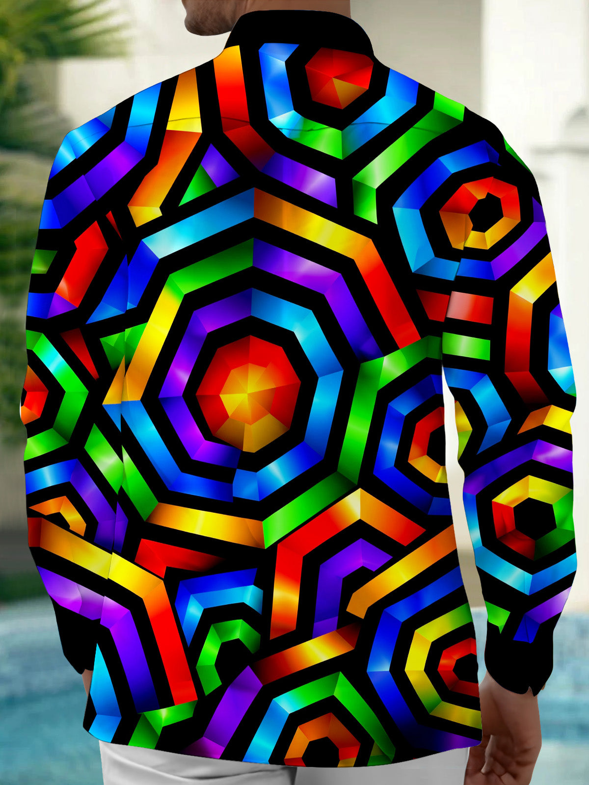 Adaychic Men's 3D Neon Geometric 3D Hexagon Pattern Long Sleeve Shirt with Chest Pocket