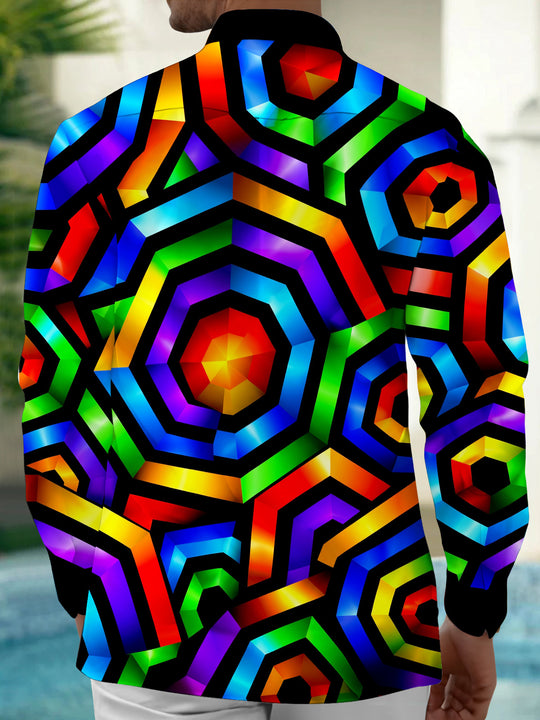 Adaychic Men's 3D Neon Geometric 3D Hexagon Pattern Long Sleeve Shirt with Chest Pocket