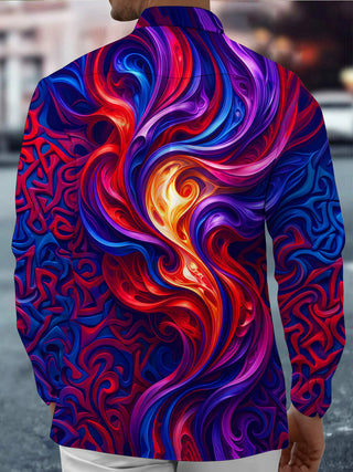 Adaychic Men's Abstract Fluid Swirls And Flame Motif Print Long Sleeve Shirt with Chest Pocket