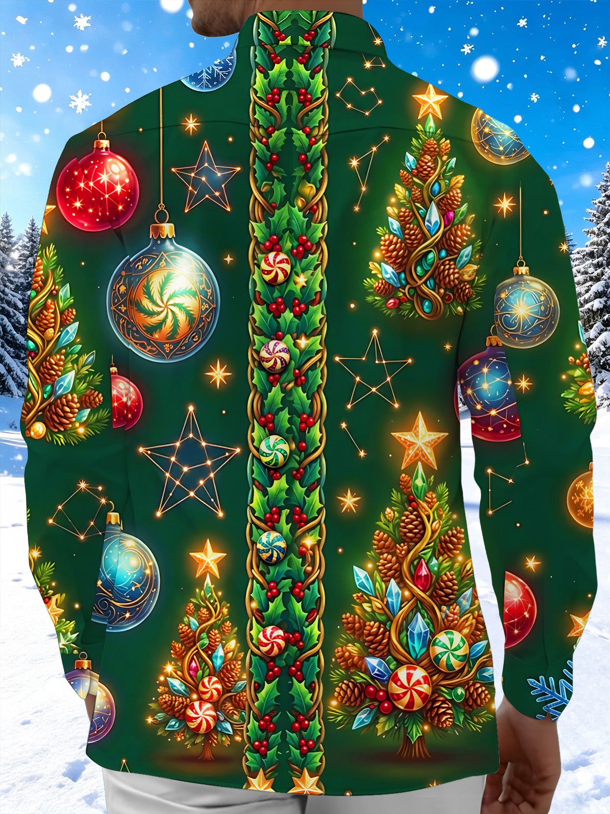 Adaychic Men's Graphic Christmas Trees And Ornaments Print Long Sleeve Shirt with Chest Pocket