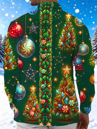 Adaychic Men's Graphic Christmas Trees And Ornaments Print Long Sleeve Shirt with Chest Pocket