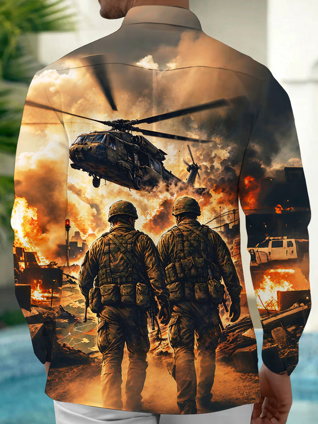 Adaychic Men's Printed Military Soldiers And Helicopter Print Long Sleeve Shirt with Chest Pocket