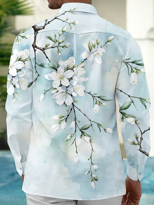 Adaychic Men's Floral White Blossom Branch Print Long Sleeve Shirt with Chest Pocket