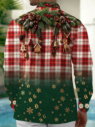 Adaychic Men's Long Sleeve Shirt - Christmas Plaid With Pine Branches And Ornaments Print with Chest Pocket