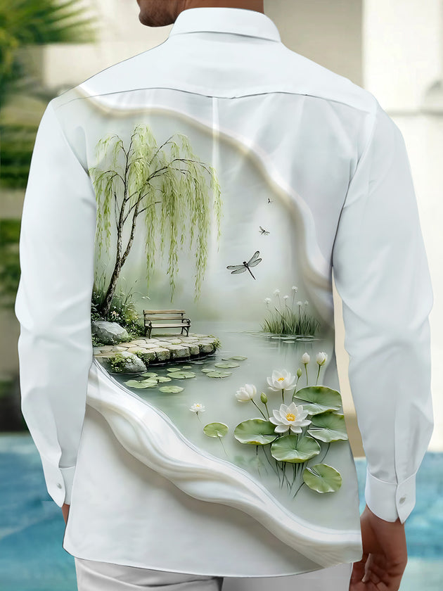 Adaychic Men's Printed Lotus Pond Landscape Print Long Sleeve Shirt with Chest Pocket