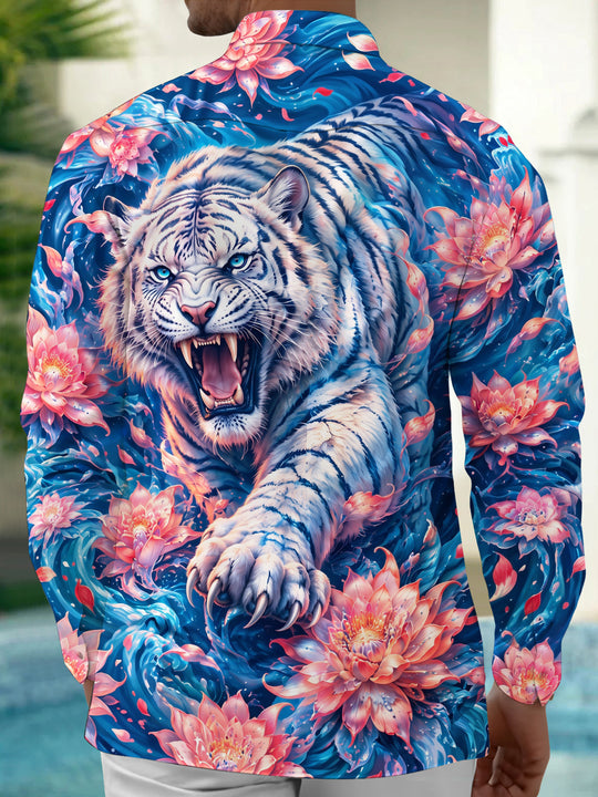 Adaychic Men's Hawaiian White Tiger And Floral Pattern Long Sleeve Shirt with Chest Pocket