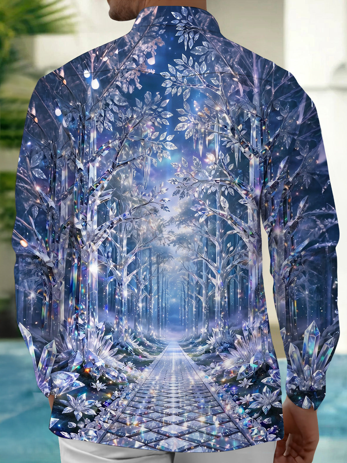 Adaychic Men's Printed Crystal Forest Path Print Long Sleeve Shirt with Chest Pocket