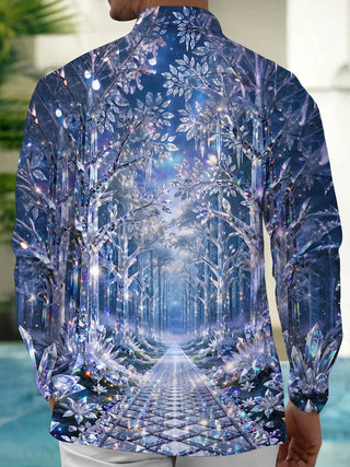Adaychic Men's Printed Crystal Forest Path Print Long Sleeve Shirt with Chest Pocket