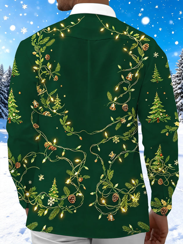 Adaychic Men's Christmas Light Strings And Pine Cones Print Long Sleeve Shirt with Chest Pocket