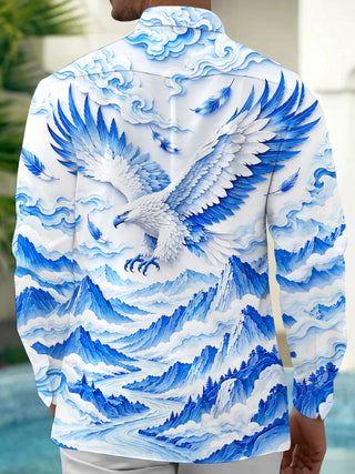Adaychic Men's Graphic Eagle With Wings And Mountains Print Long Sleeve Shirt with Chest Pocket