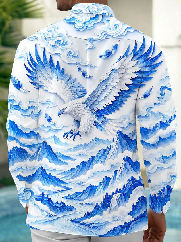 Adaychic Men's Graphic Eagle With Wings And Mountains Print Long Sleeve Shirt with Chest Pocket