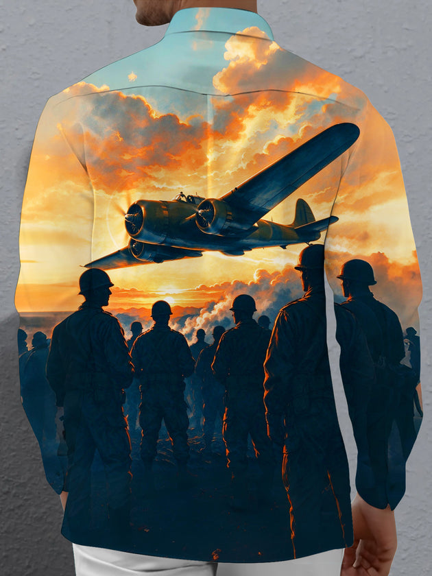 Adaychic Men's Vintage Warplane And Soldier Silhouettes Print Long Sleeve Shirt with Chest Pocket
