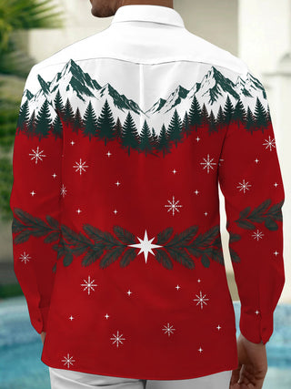 Adaychic Men's Printed Snowy Mountains And Pine Forest Print Long Sleeve Shirt with Chest Pocket