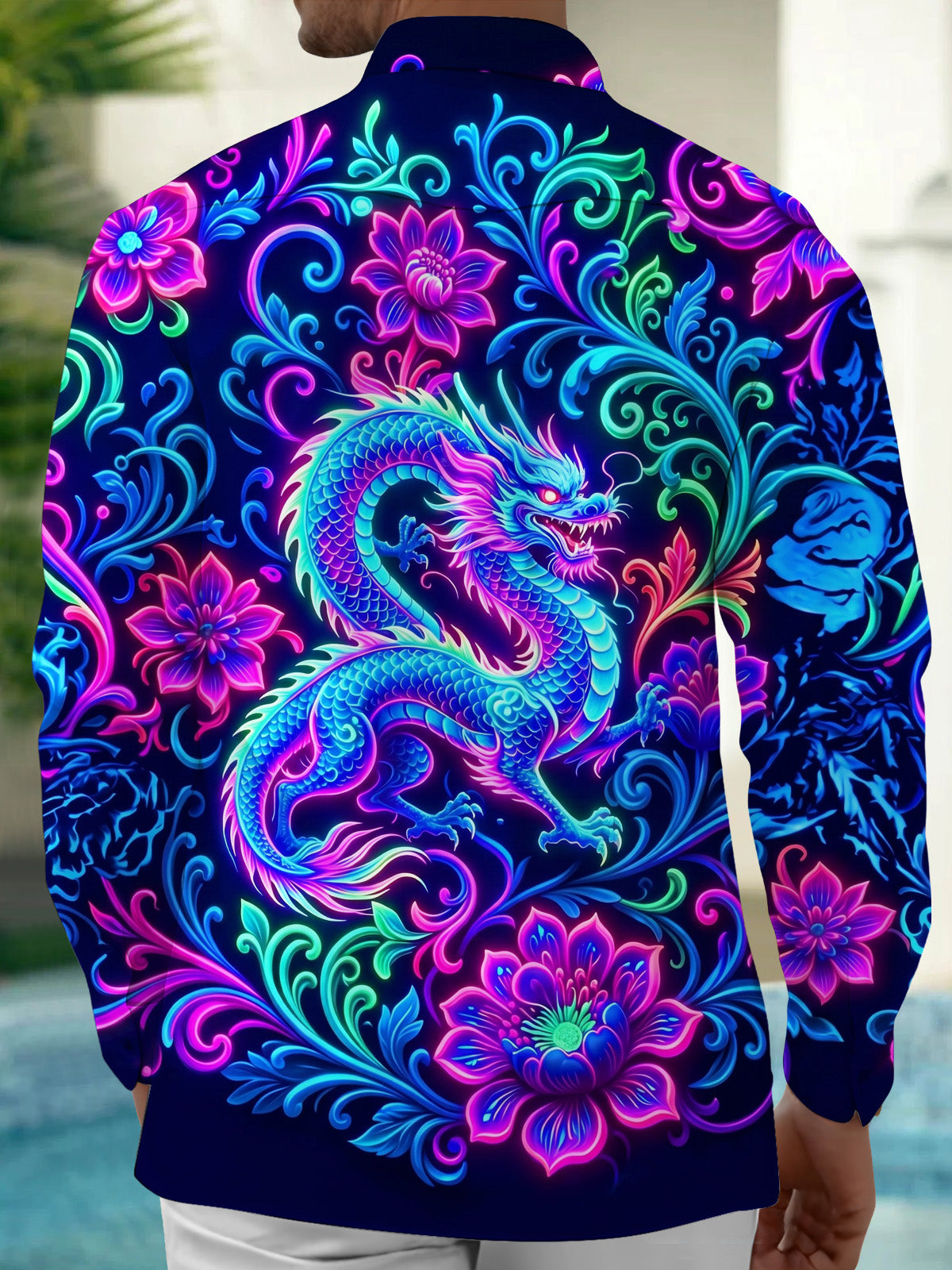 Adaychic Men's Graphic Neon Fantasy Dragon Print Long Sleeve Shirt with Chest Pocket