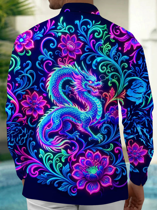 Adaychic Men's Graphic Neon Fantasy Dragon Print Long Sleeve Shirt with Chest Pocket
