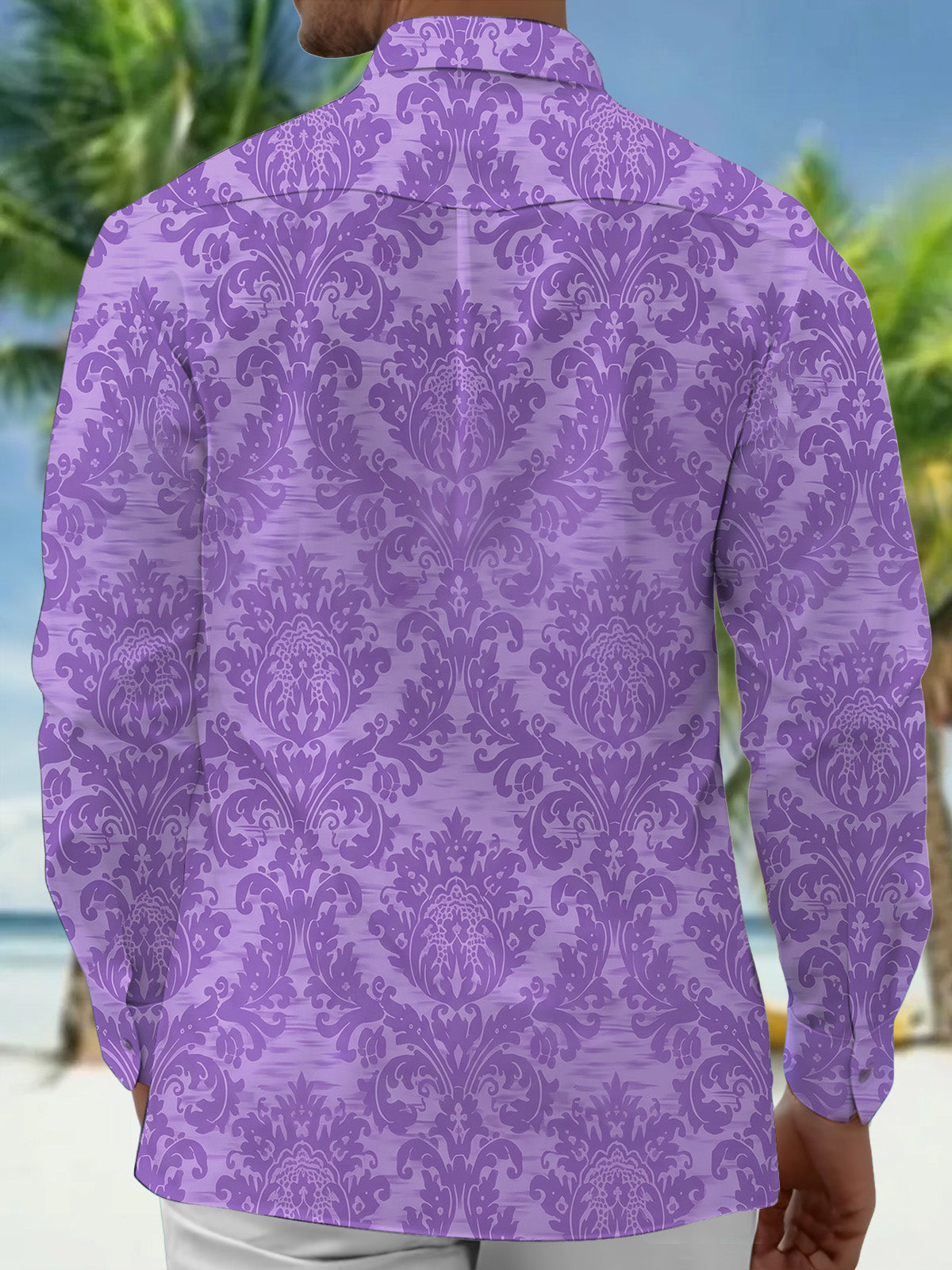 Adaychic Men's Printed Purple Damask Pattern Long Sleeve Shirt with Chest Pocket