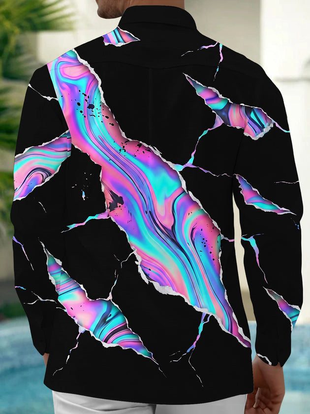 Adaychic Men's Long Sleeve Shirt - Abstract Psychedelic Swirls And Splatters Print with Chest Pocket