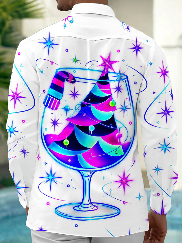 Adaychic Men's Neon Christmas Tree In Wine Glass Print Long Sleeve Shirt with Chest Pocket